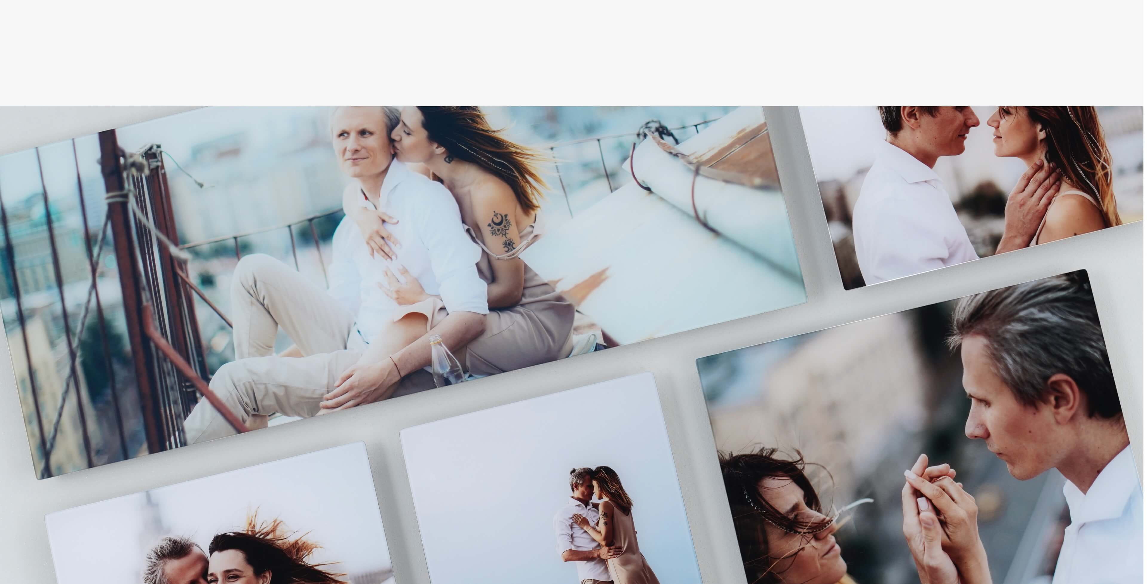five acrylic prints in different sizes showing photos of couple outside