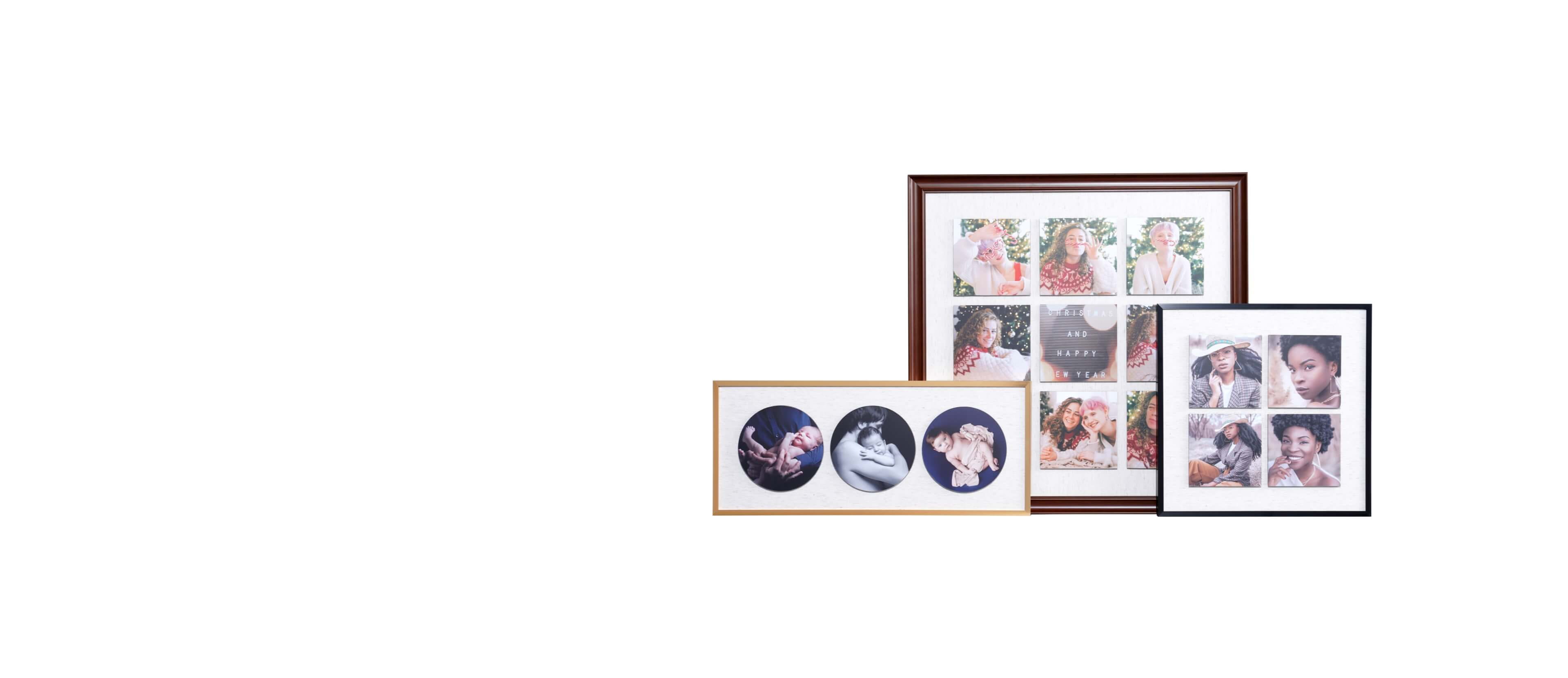 three framed collage frames in different sizes