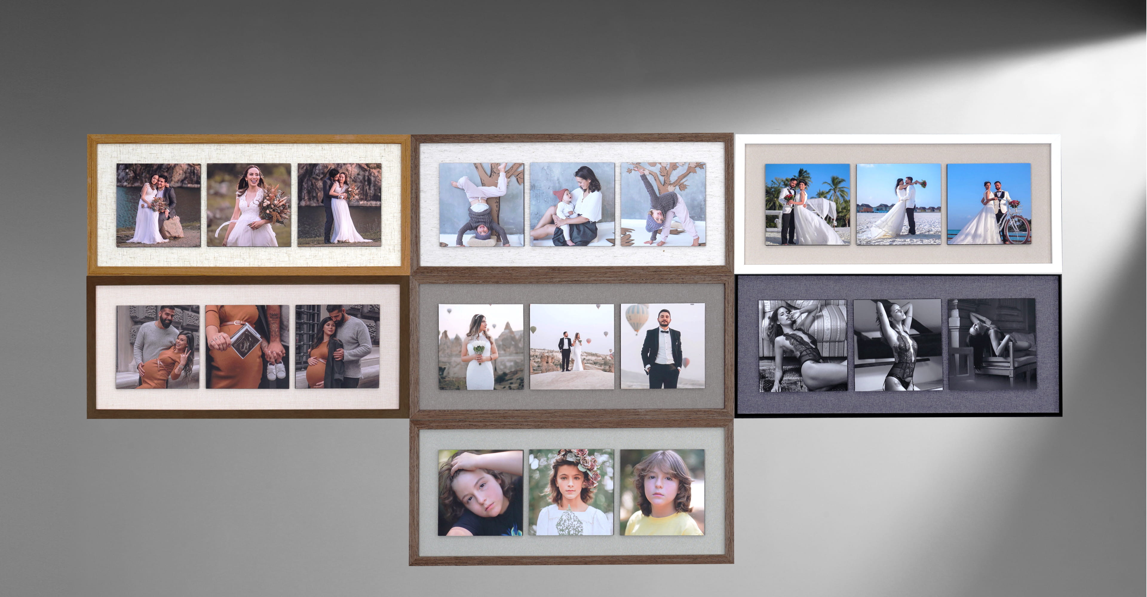examples of collage frames in different frame styles and backdrop colors