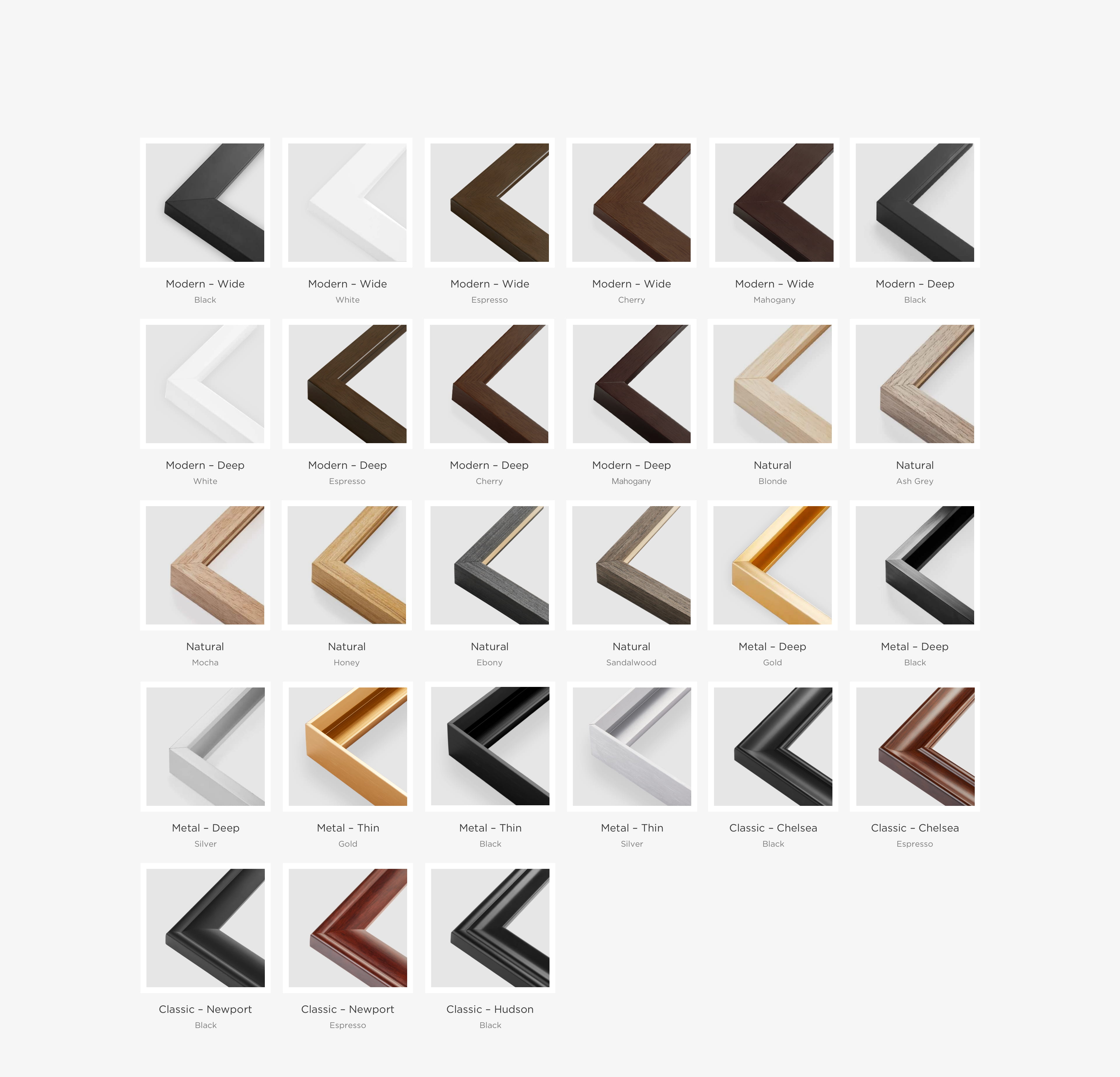 a grid of frame examples showing different colors and examples of frames