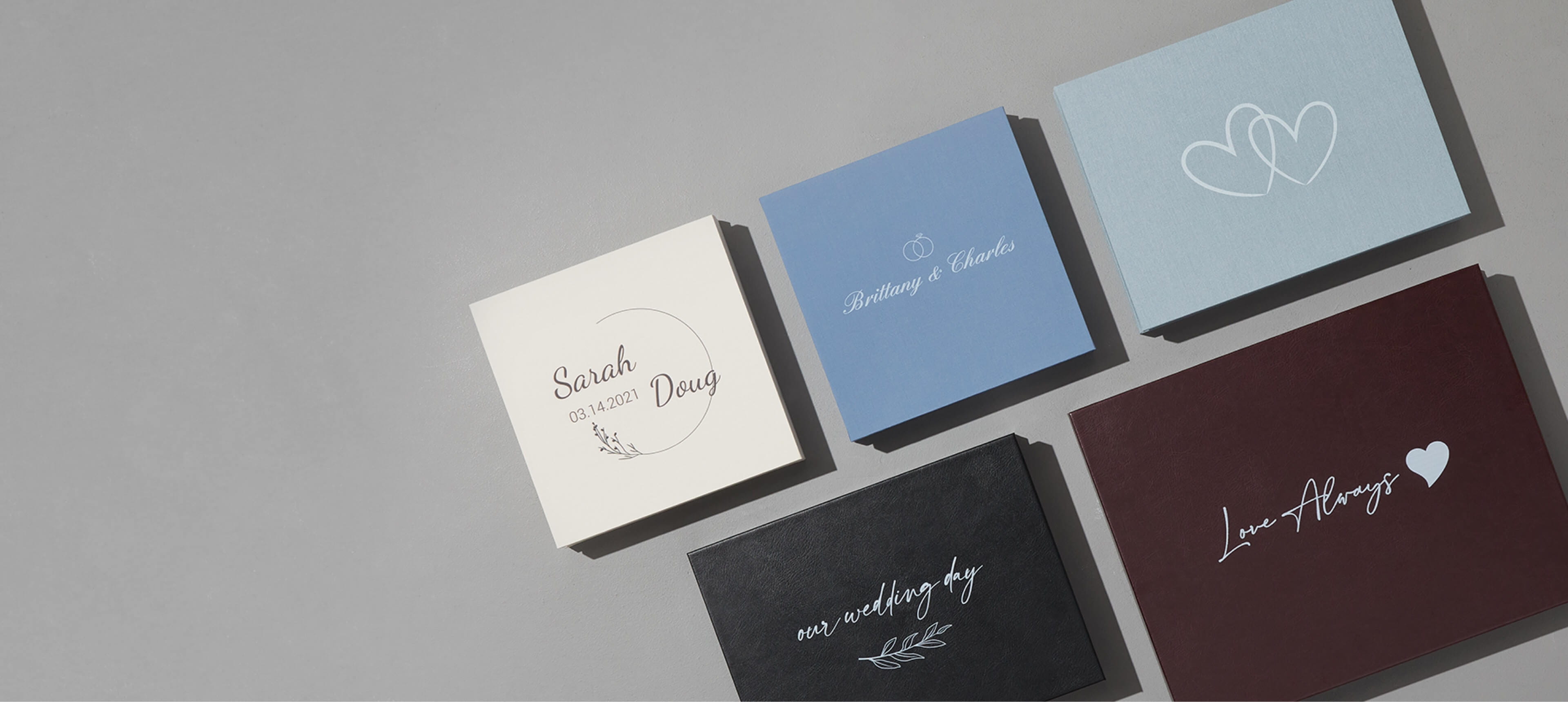 five design boxes with different uv printed designs on covers