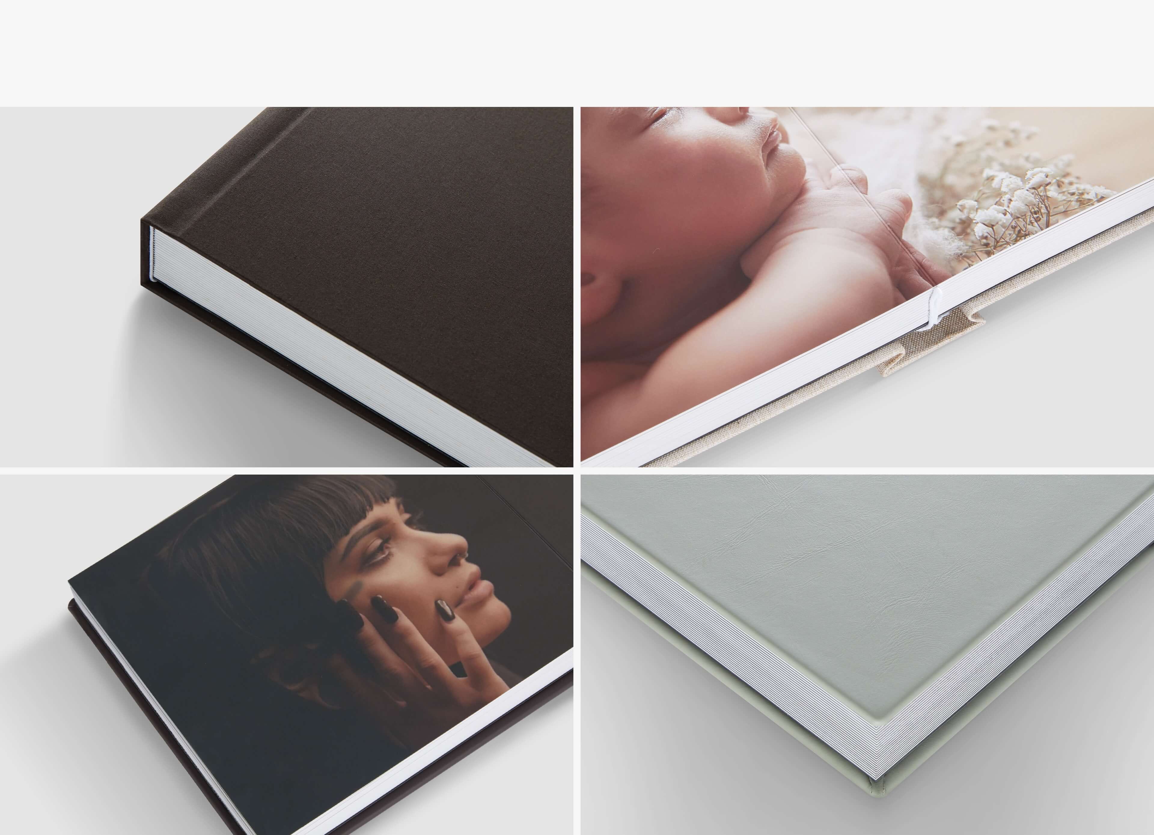 four closeup photos showing different parts of a fine art album