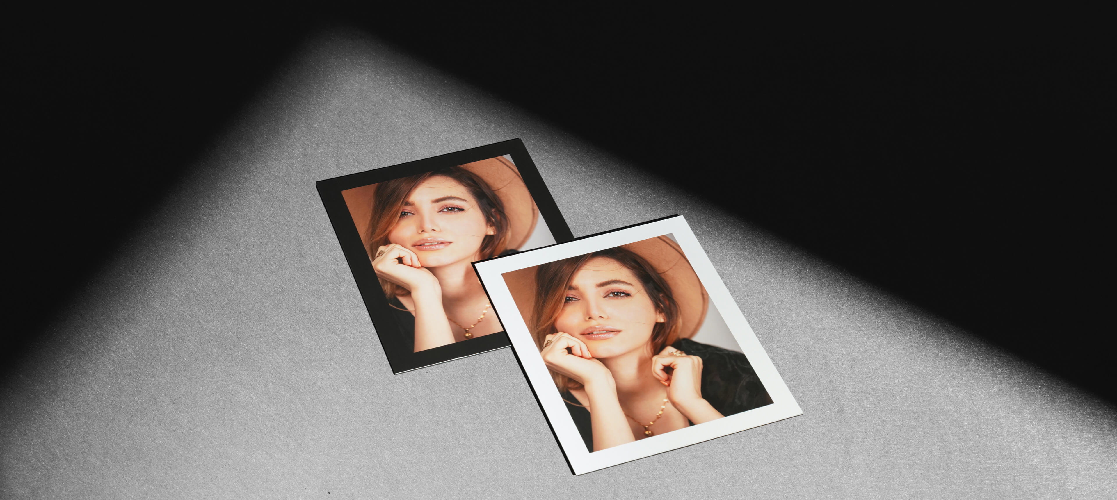 fine art prints showing two photos of the same woman with different border colors