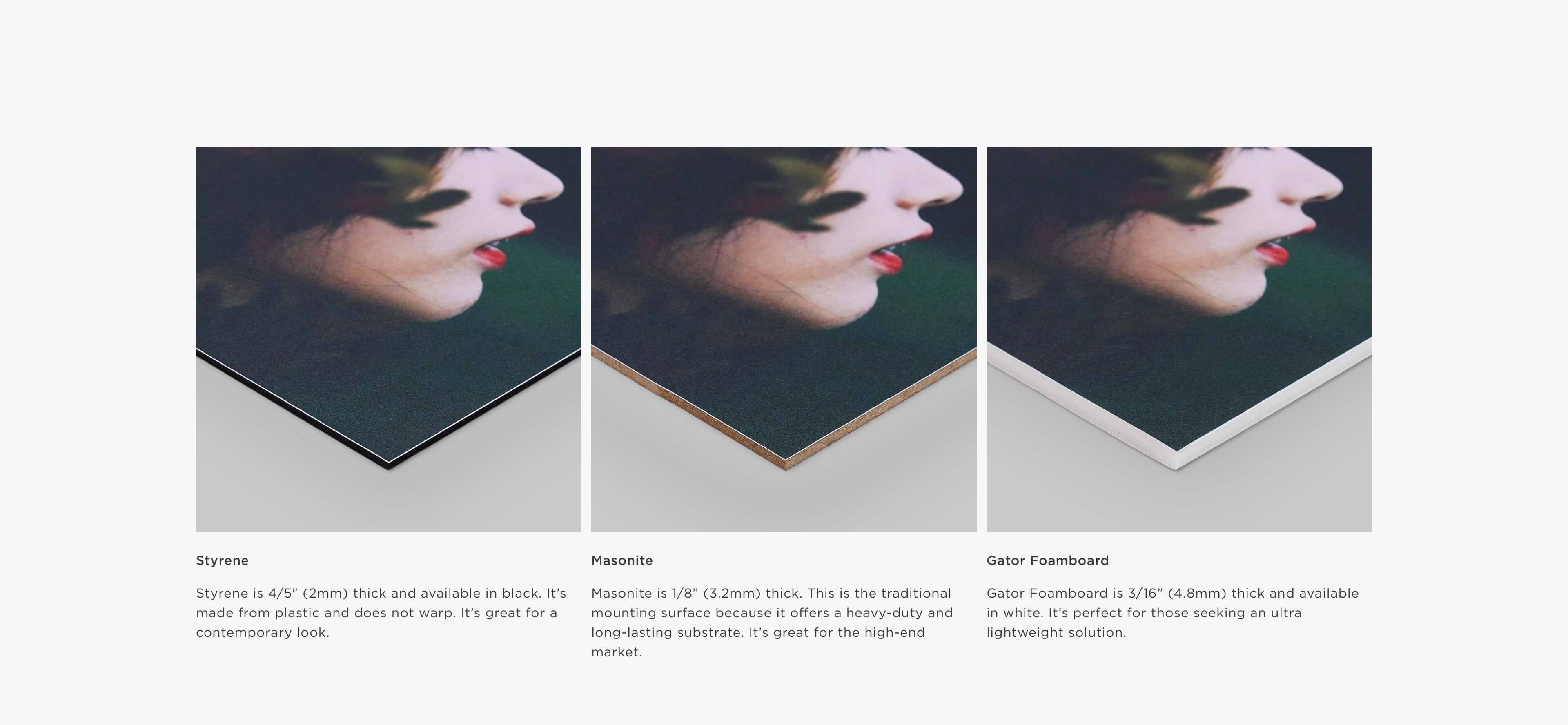 three fine art prints mounted showing a woman’s face
