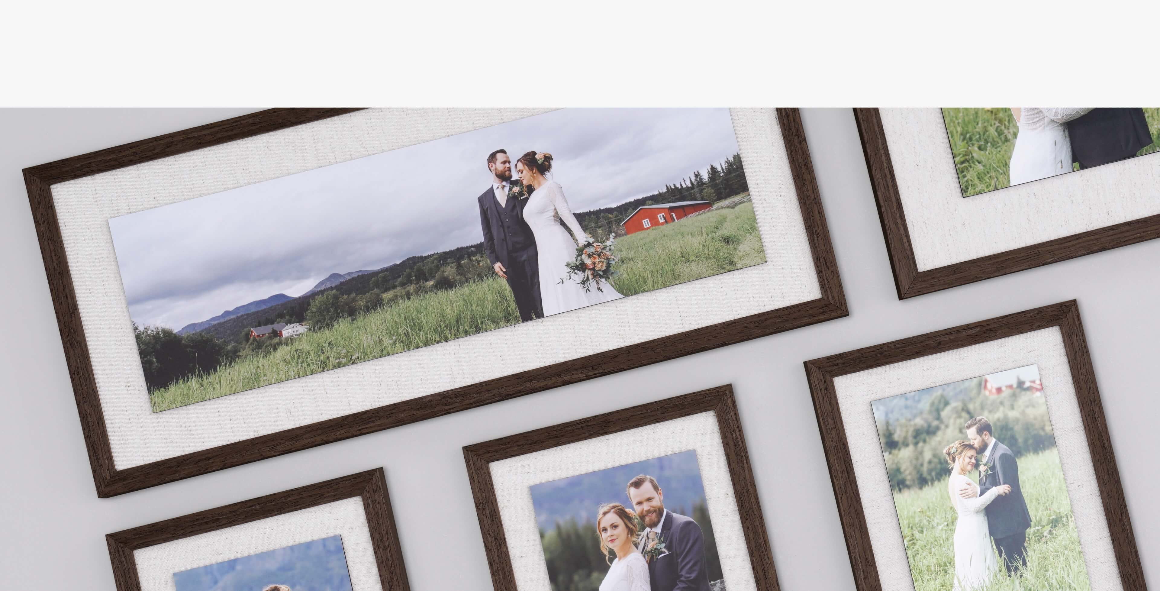 six float frames on a grey background with wedding couples