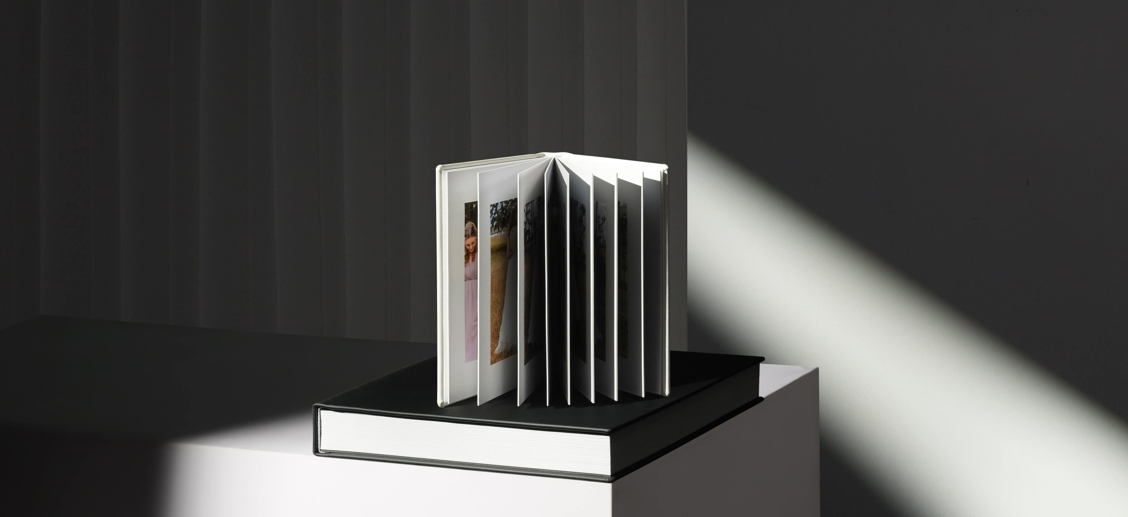 one flush mount album standing on top of another flush mount album with the pages fanned open