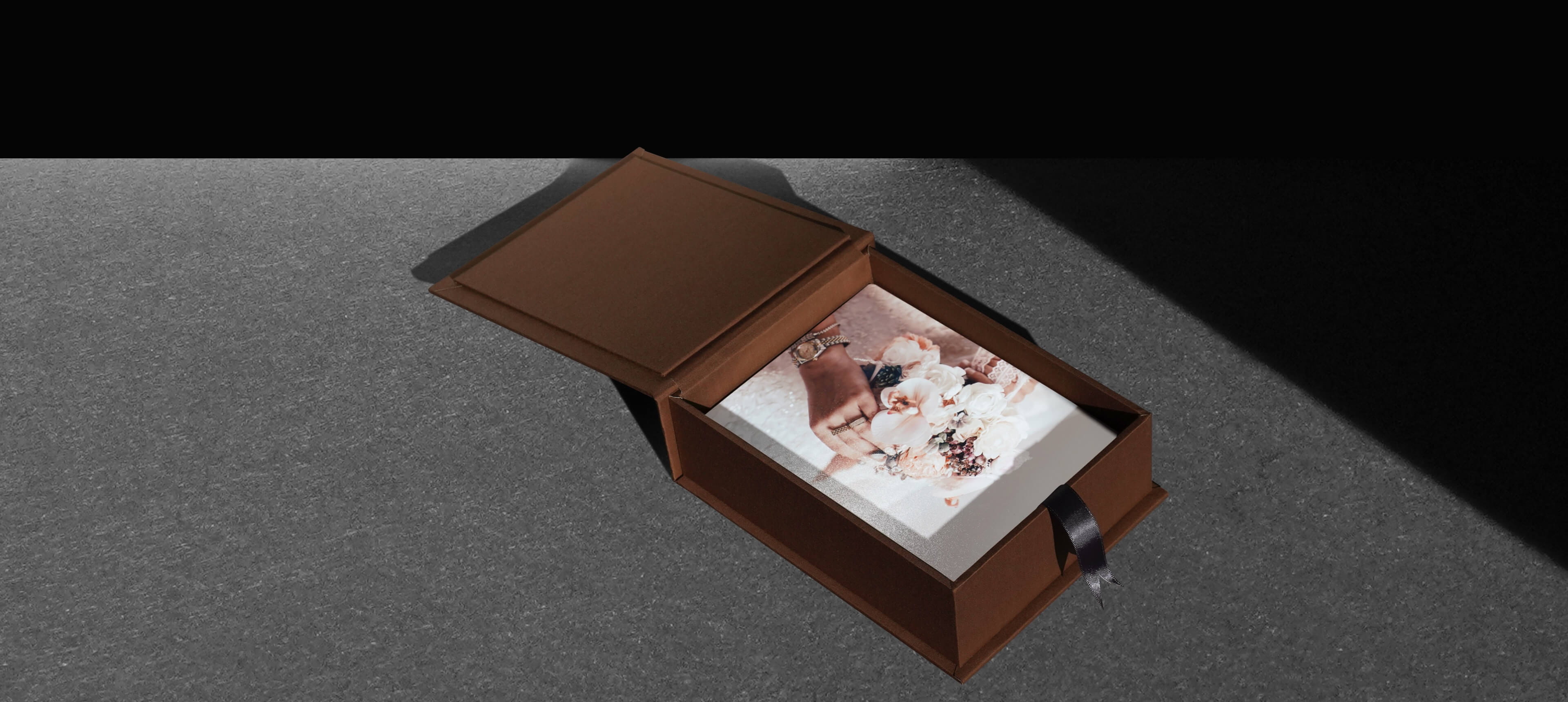 flush mount print in folio box showing a woman holding flowers in hands