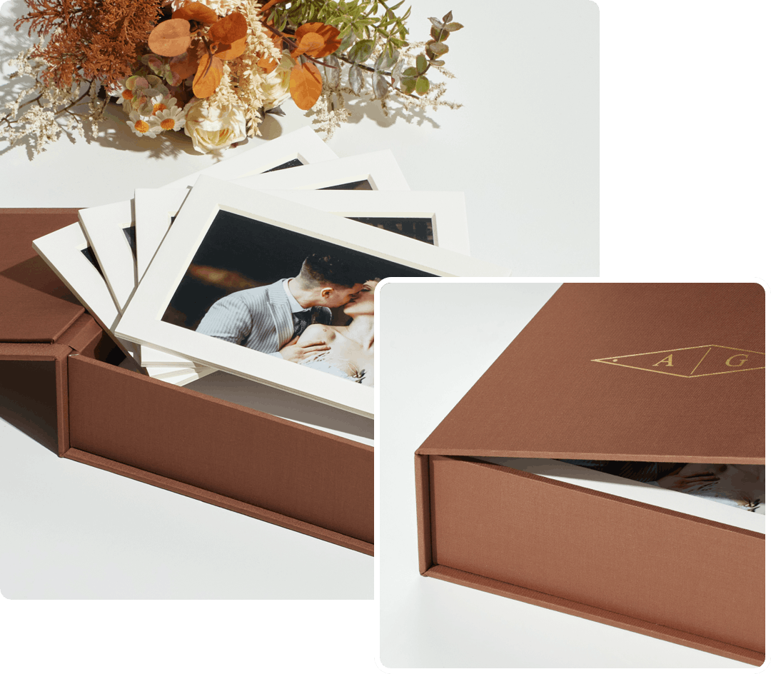 folio box prints set laying on a white table with one closeup photo