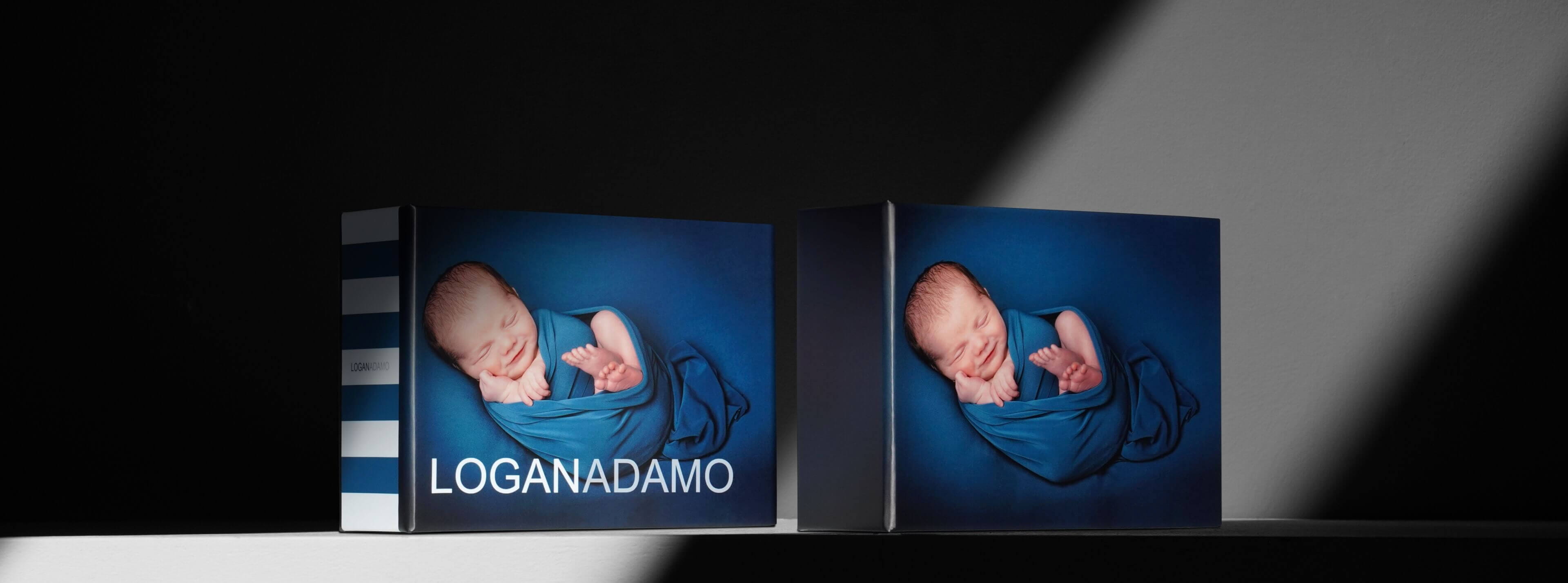 two image boxes sitting next to each other with the same photo of a baby in two different designs