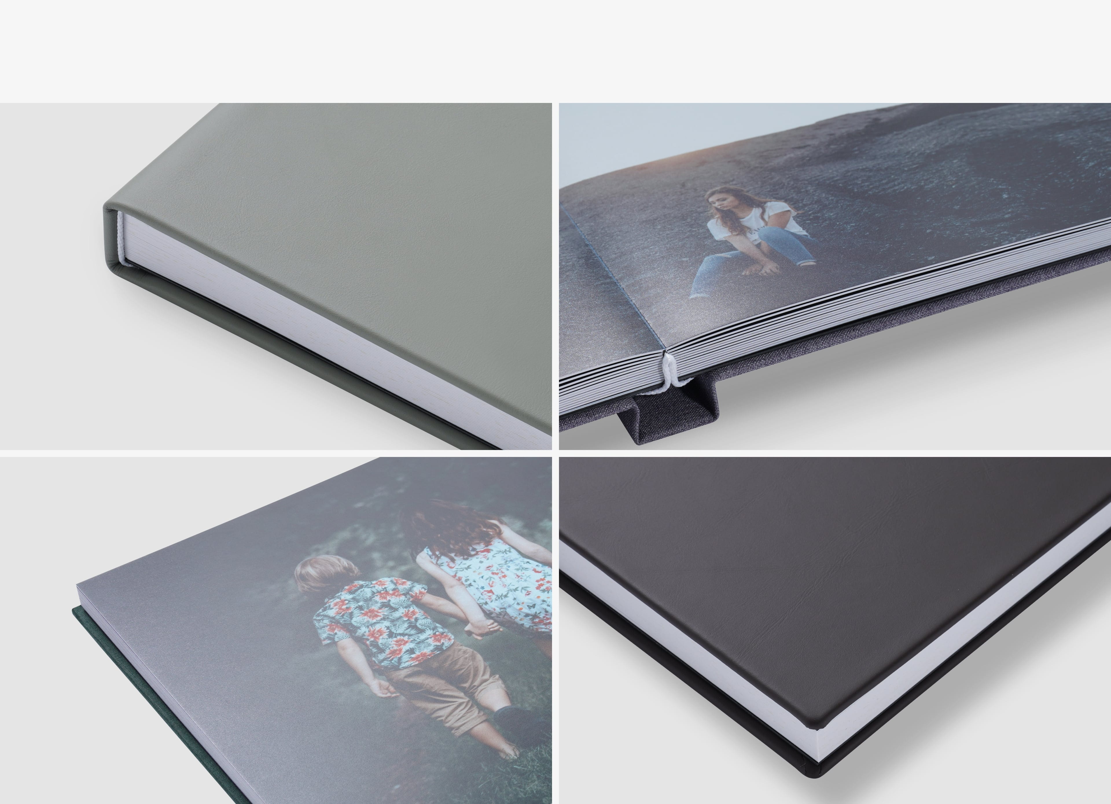 a composite image showing closeup shots of a layflat photo book