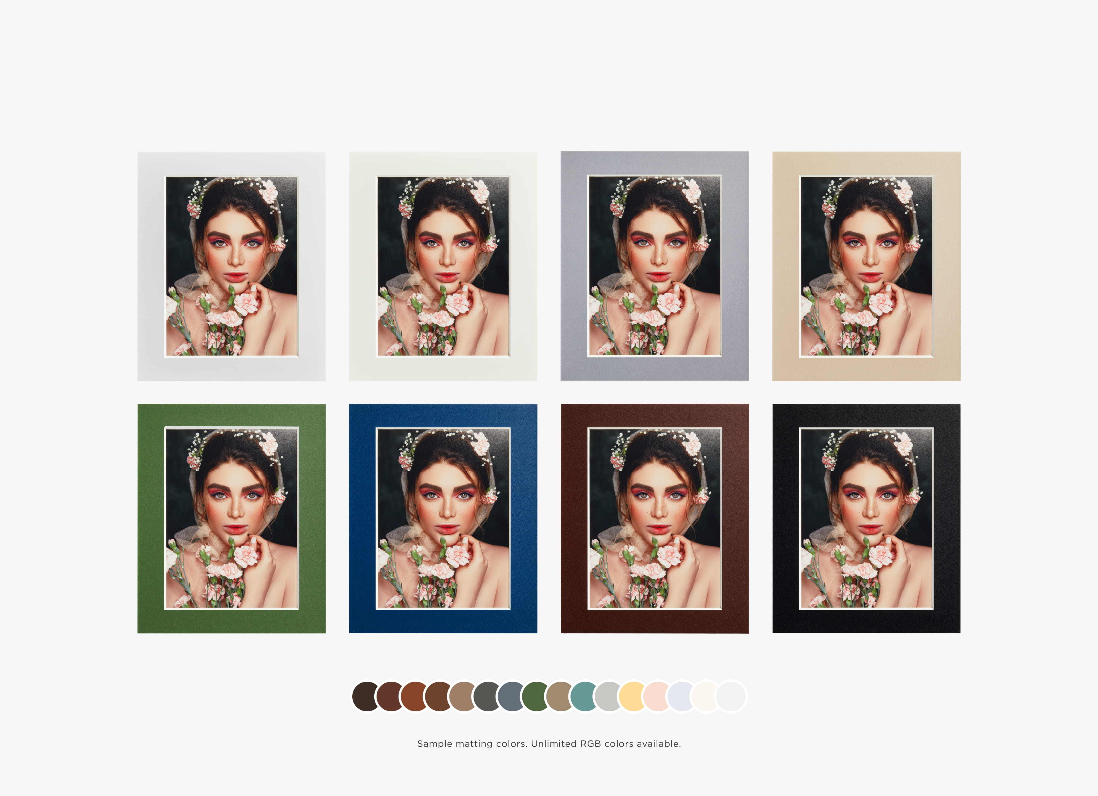 matted print showing a woman in eight different matting colors