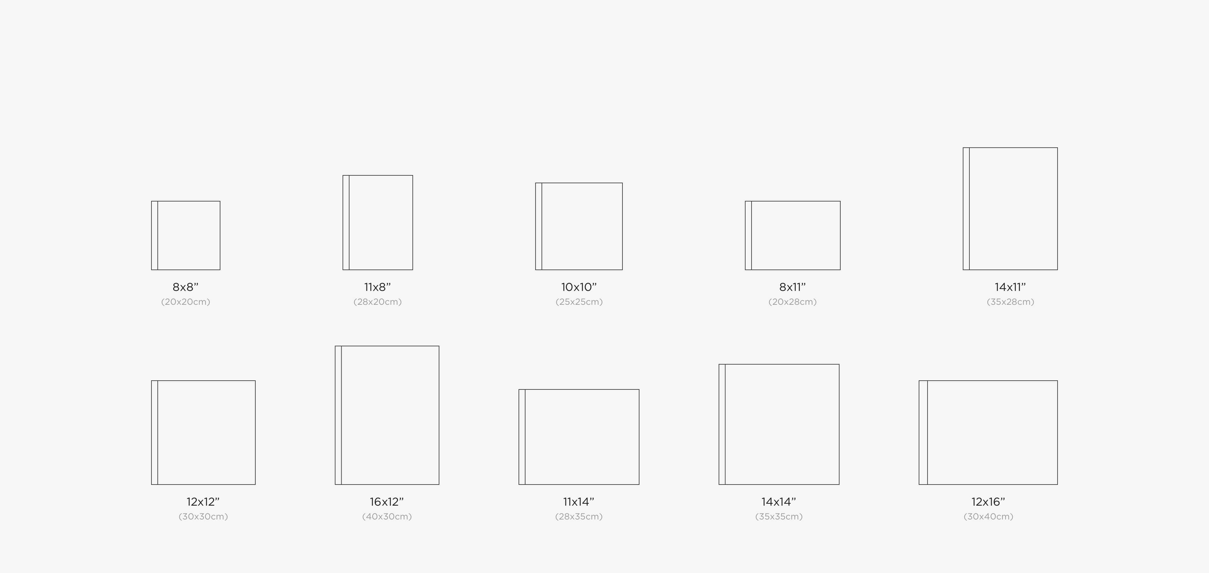 a graphic showing presentation box album set sizes