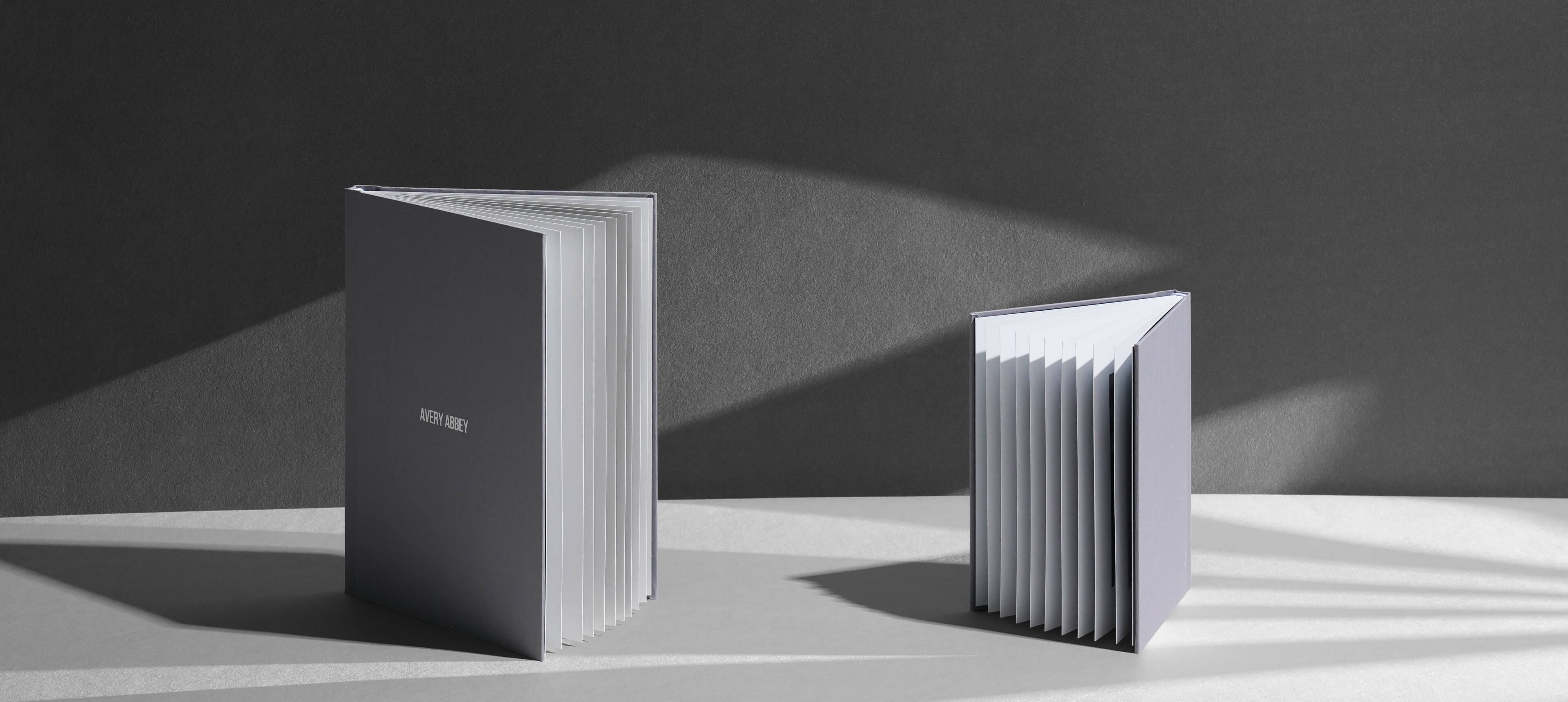 one big slim photo book standing up next to a smaller slim photo book