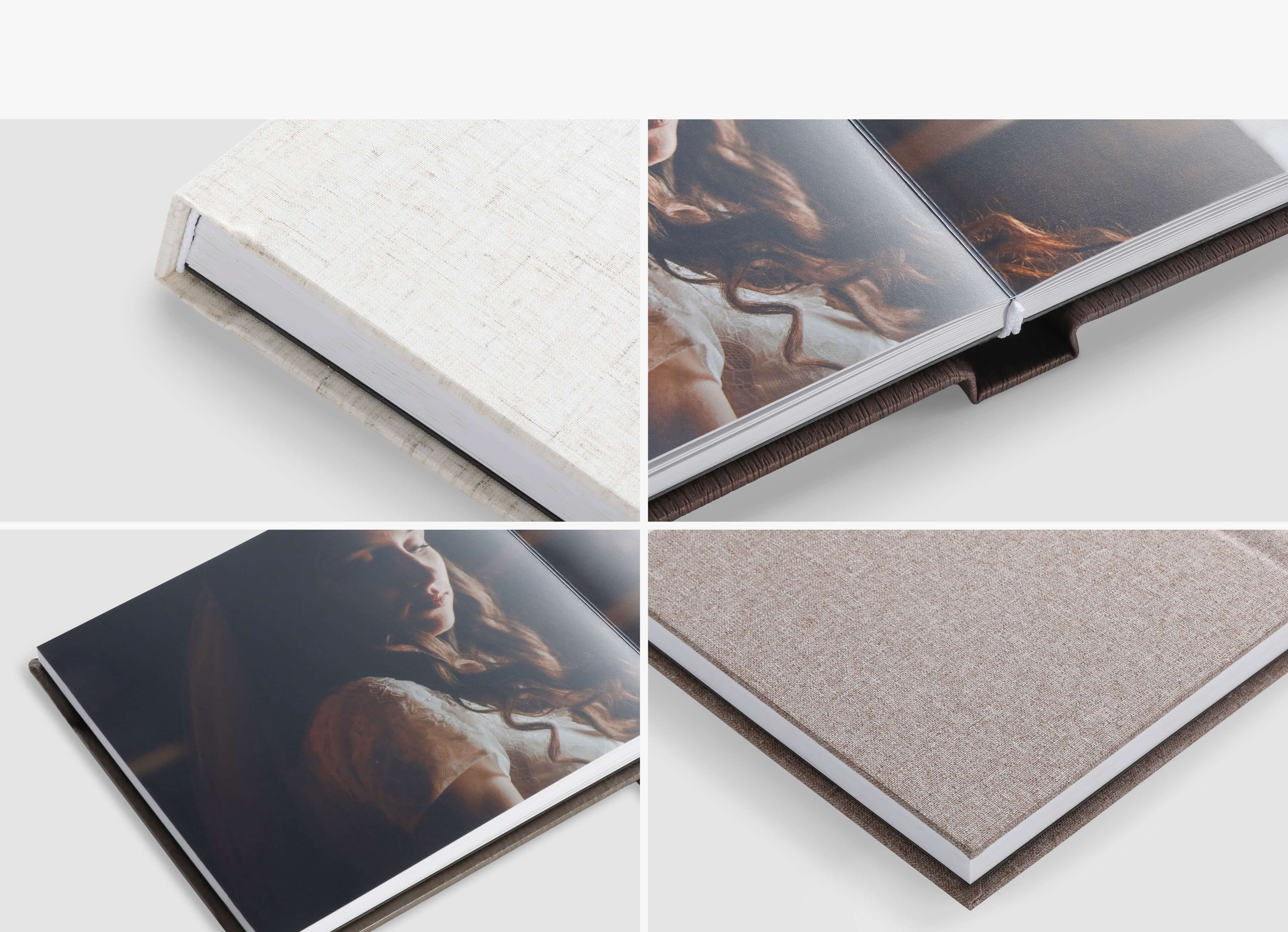 a composite image showing closeup shots of a slim photo book