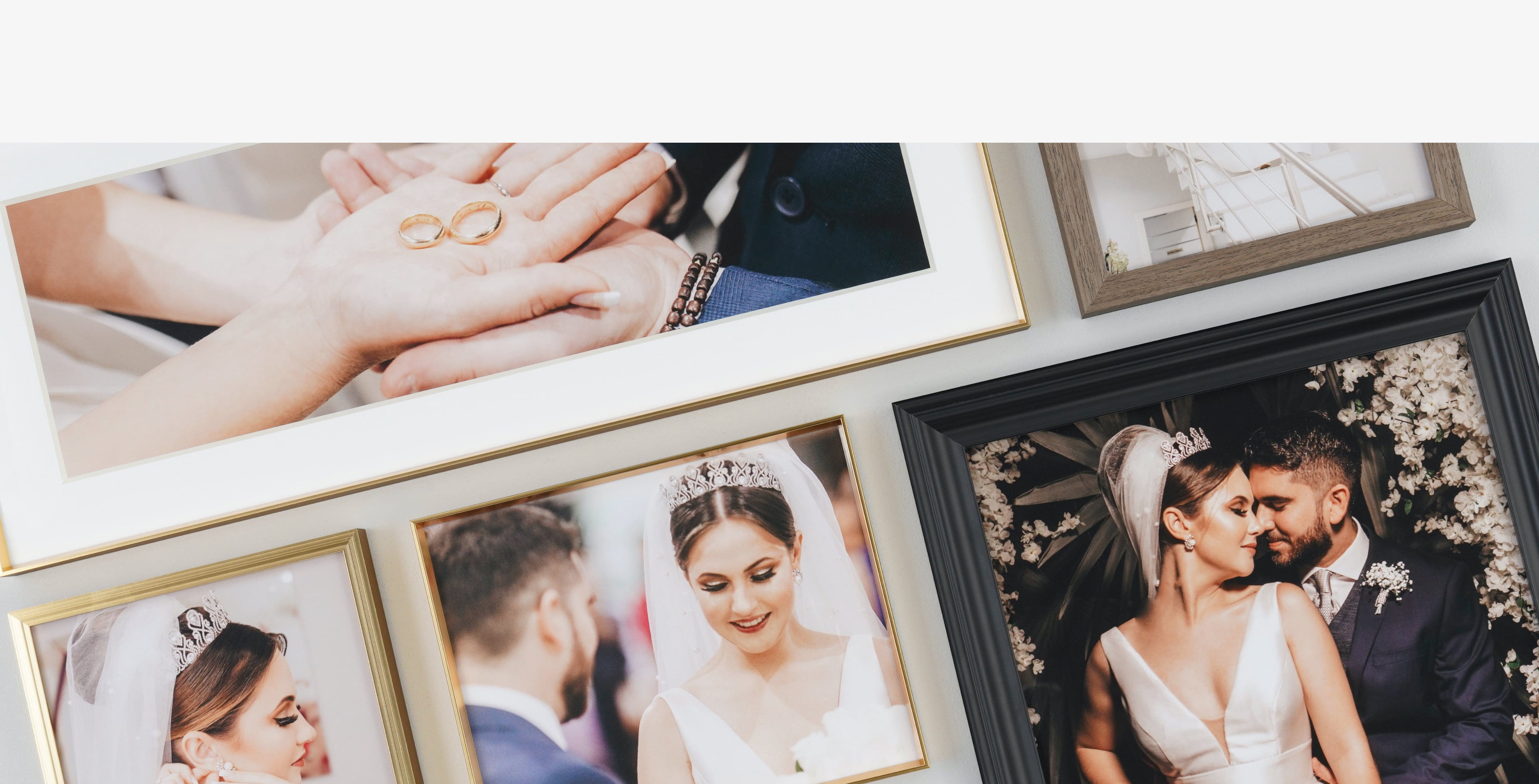 five framed prints on a grey background with wedding couple