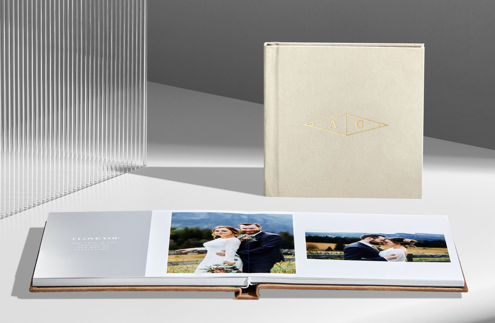 two suede velvet cover flush mount albums on a white table